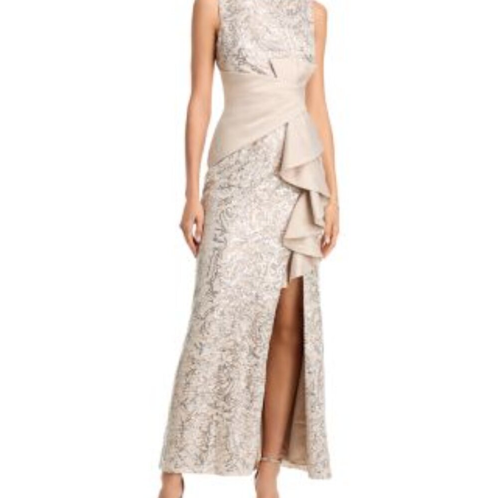 Eliza J Formal Evening Gown Sequin Lace Sleeveless Satin Ruffle SZ 6 Champagne